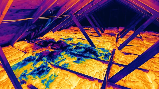 Infrared thermal scan reveals moisture damage in residential attic ceiling structure