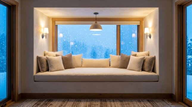 Recessed window daybed with pillows sconces pendant and snowy landscape