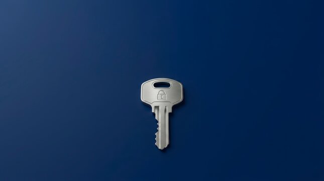 Silver key on a solid blue background Clean device mockup, minimal aesthetic, high quality photograph, soft shadows, studio lighting, neutral background