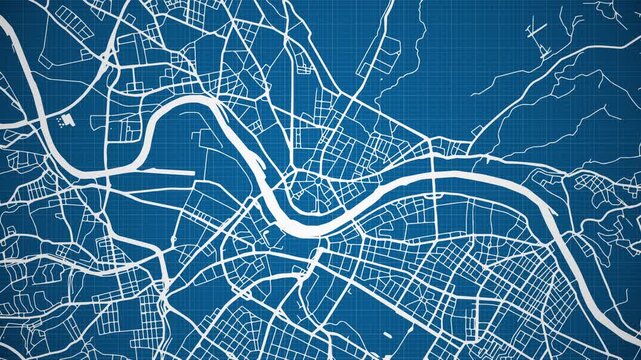 Ink reveal animation of Dresden (Dr&auml;sdn / Drježdźany) city, state of Saxony, Germany, grid map. Aerial top view. Blueprint style. White lines with blue background. 4K Seamless loop.