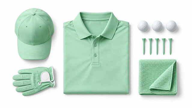 Green golf clothing and equipment flat lay set. Mint sports gear including polo shirt cap glove golf balls tees and towel on white background