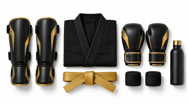 Black and gold martial arts equipment flat lay set. Combat sports gear including gi belt boxing gloves shin guards hand wraps and water bottle on white background