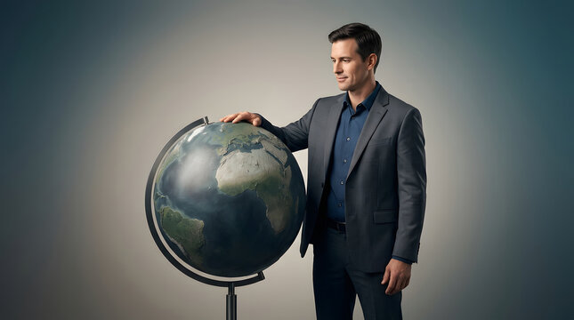 Global Business Leader, standing with hand on earth globe looking thoughtfully, wearing formal professional charcoal grey suit, neutral studio background setting, corporate strategy marketing visuals