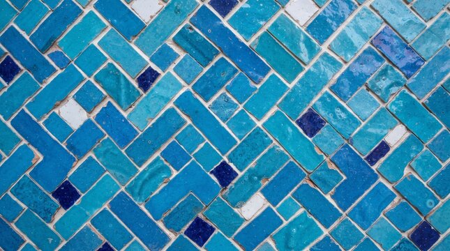 Generated with AI Moroccan zellige mosaic ceramic texture featuring a herringbone pattern composed of dark blue turquoise and white porcelain tile pieces