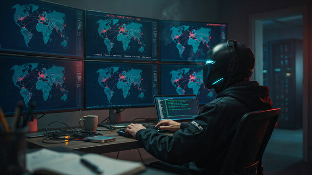 Moody hacker in glowing mask monitoring global cyber attacks on multiple screens