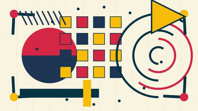 Abstract Bauhaus Style Geometric Motion Graphics Animation with Colorful Shapes and Lines.