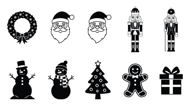 Set of black christmas icons including wreath santa face nutcracker snowman tree and gift box with holiday symbols nutcracker soldier snowman icon