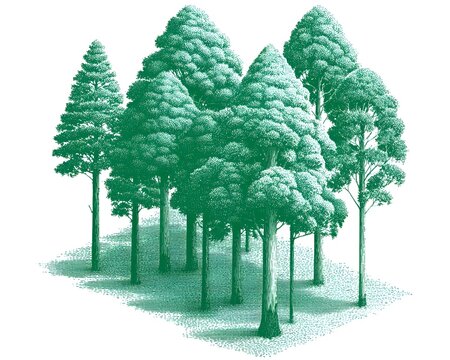 Vintage style illustration of a forest of tall pine trees with dense foliage and textured ground