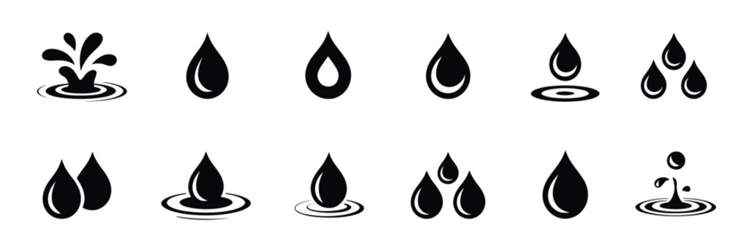 Water drop icon set, flat droplet logo shapes collection, vector design, liquid symbol illustrations, isolated on white background
