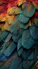 Fototapeta premium Vibrant macaw feathers showcase a mesmerizing gradient of warm reds, golden yellows, and deep turquoise blues in an intricate, overlapping pattern of soft plumage.