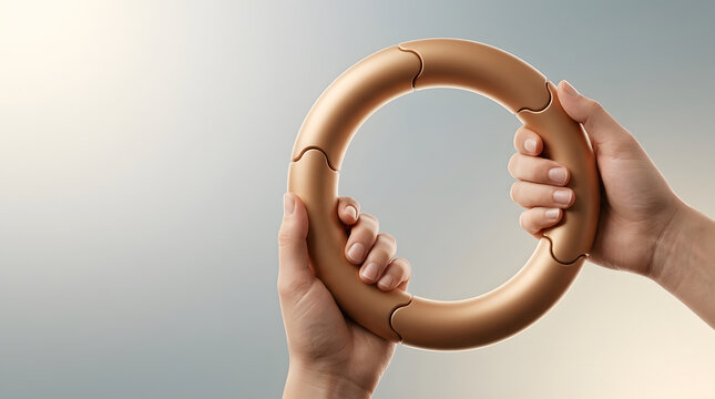 Circular interlocking ring, hands gripping segmented golden torus together, elegant skin texture on neutral blurred background, concept of unity and partnership for professional business marketing.