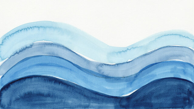 Abstract watercolor painting of horizontal blue ocean waves with watercolor abstract painting background horizontal gradient handpainted illustration