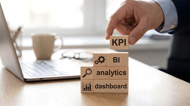Hand stacking wooden blocks with kpi bi analytics and dashboard icons