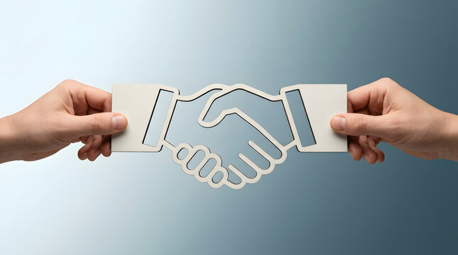 Business handshake concept, hands holding cardboard partnership icon together, symbolic agreement puzzle piece, neutral blue studio background, professional commercial marketing advertisement banner