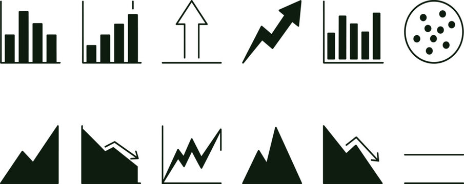 Minimalist Flat Design Financial Growth and Statistics Icon Set Highlighting Business Analytics and Data Market Trends for Graphic Projects