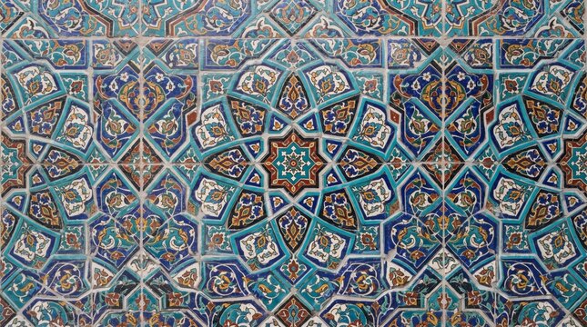 Generated with AI Traditional Persian architectural mosaic ceramic tile texture featuring an eight pointed star ornament in turquoise dark blue and brown