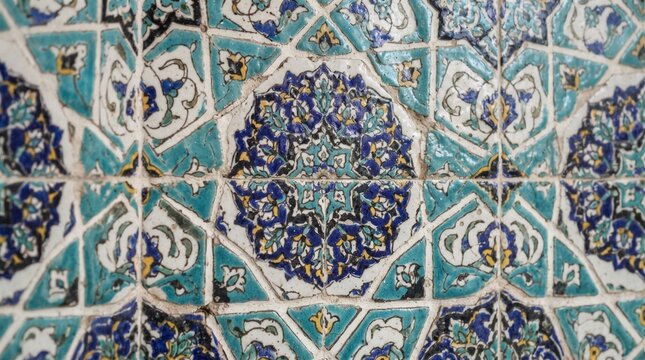 Generated with AI Persian architectural mosaic ceramic tile texture featuring a circular medallion floral motif in turquoise blue and white shades