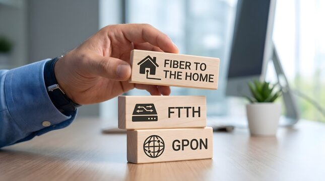 Hand stacking wooden blocks with fiber to the home ftth gpon labels
