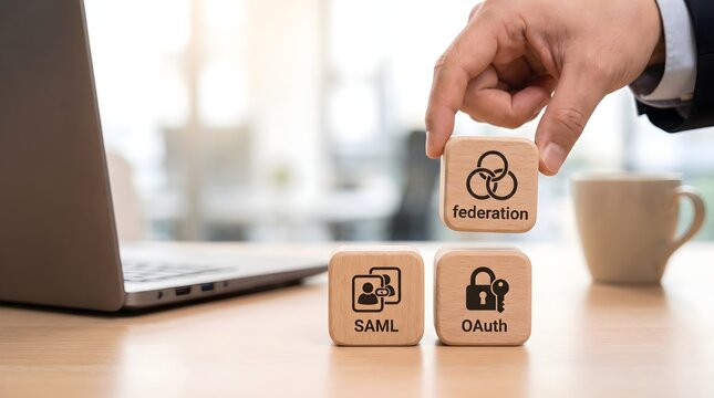 Hand stacking wooden blocks with federation saml and oauth labels