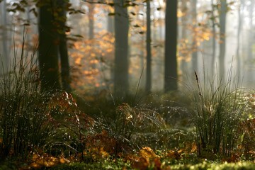 Obraz premium Dew drops on grass blades and autumn leaves in a sunlit, misty forest setting