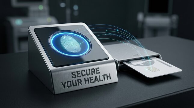 Biometric fingerprint scanner with blue glowing circular interface and Secure Your Health text connected to a smart card reader for patient identification in a modern medical setting.