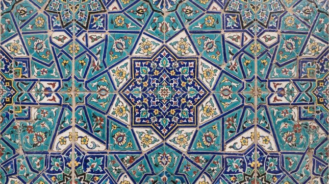 Generated with AI Persian wall mosaic ceramic texture featuring an eight pointed star and floral arabesque pattern in turquoise blue and yellow