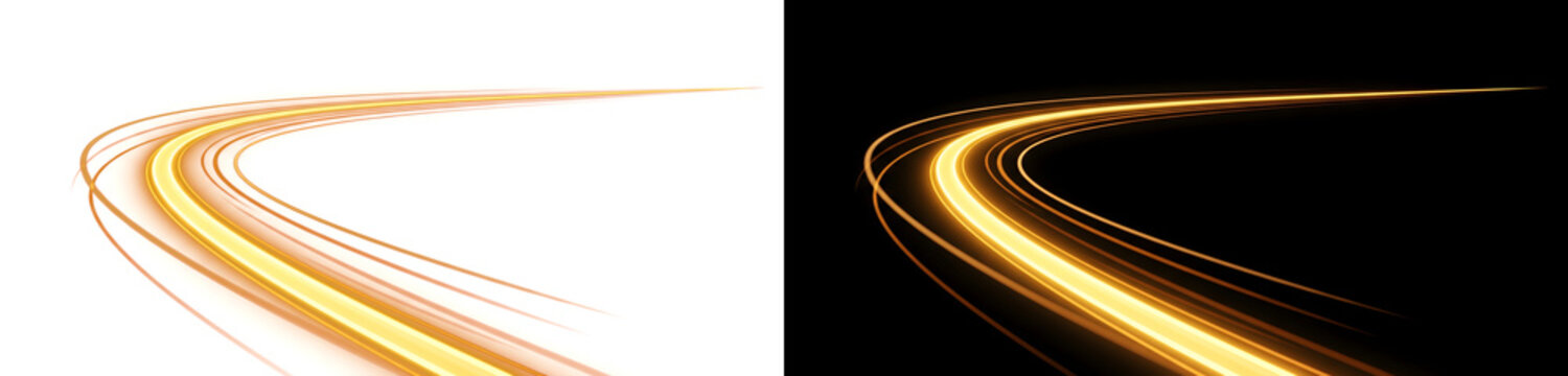 Bright yellow speed light trails curve smoothly across the frame simulating fast motion for automotive designs with PNG, Transparent and Black Background Versions