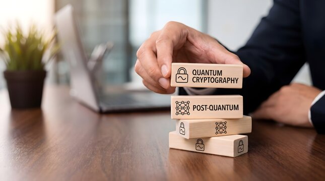 Businessman stacking wooden blocks with quantum cryptography concepts