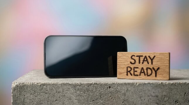 Close-up of a modern black smartphone with a blank screen next to a small wooden block engraved with the text Stay Ready, placed on a concrete block with a colorful bokeh background.