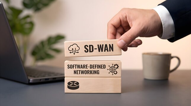 Hand stacking wooden blocks with sdwan and networking text