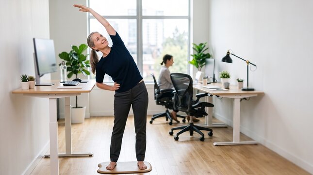 Business woman doing side stretch exercise while standing on a balance board in a modern office.