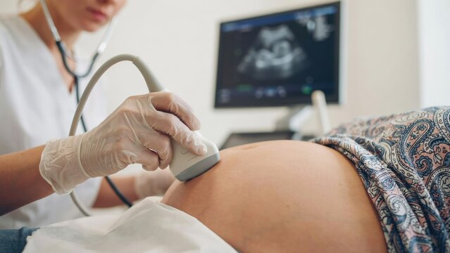 Doctor performing ultrasound scan on pregnant woman's abdomen