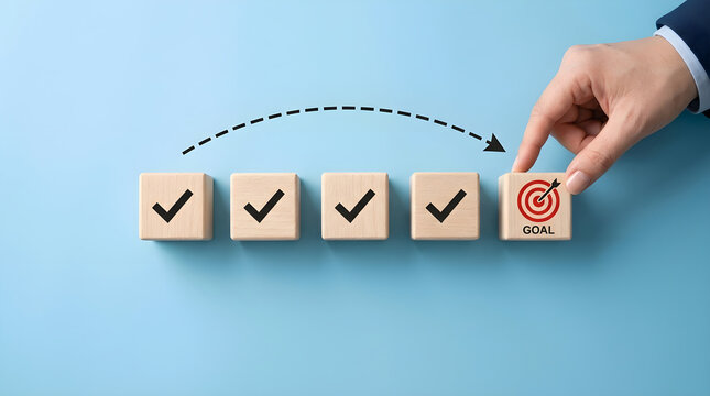 Goal Achievement Concept Hand Placing Wooden Block with Target Icon Symbol