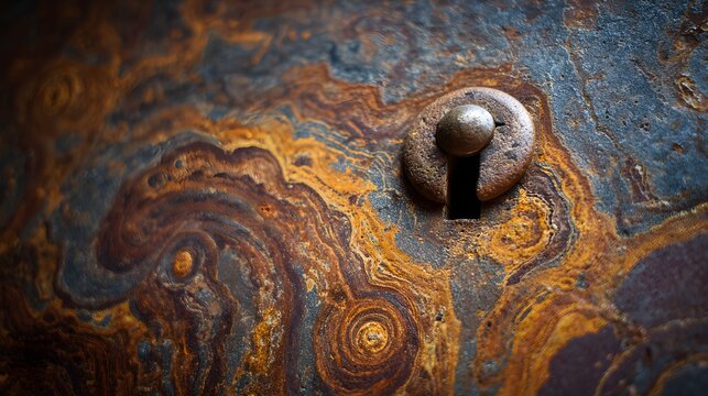 Close up of rusted antique safe lock with patina