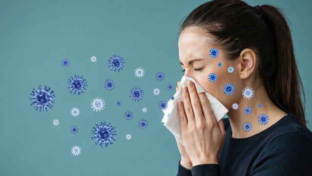 Woman sneezing into a tissue surrounded by floating virus icons
