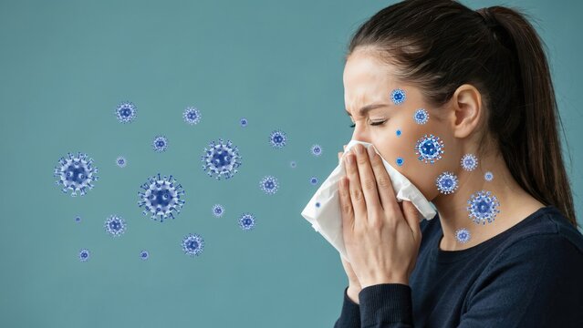 Woman sneezing into a tissue surrounded by floating blue virus icons
