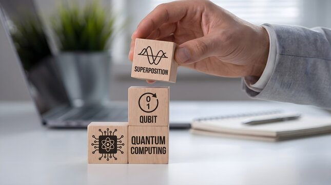 Hand stacking wooden blocks with quantum computing, qubit and superposition