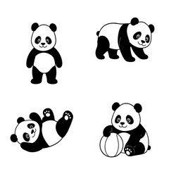 Four black and white panda icons in playful poses © Tithi