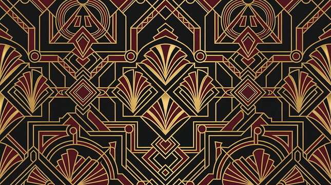 Art deco pattern features symmetrical gold and burgundy geometric fan shapes on a dark black background.
