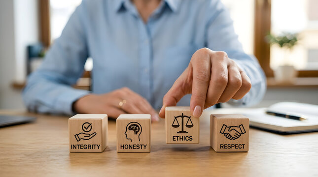 Business Ethics Concept Hand Placing Wooden Block with Integrity and Honesty Icons