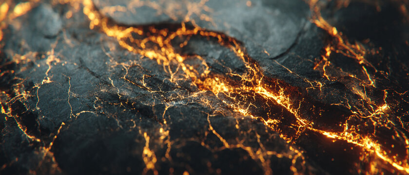 Dark Obsidian Stone Texture Close Up with Glowing Molten Gold Veins