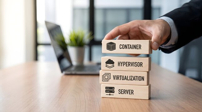 Hand stacking wooden blocks with virtualization and server concepts