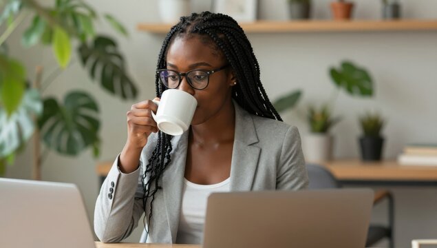 Young Black Woman with Braided Hair Wearing Glasses Drinking Coffee from a White Mug While Working on Laptop in a Modern Bright Home Office with Green Plants