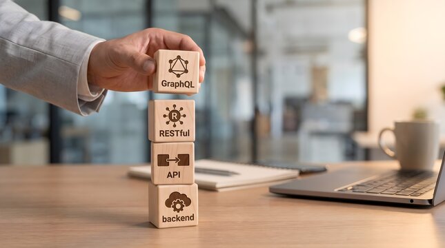 Hand stacking wooden blocks with backend development concepts