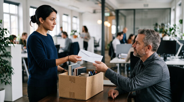Close up of employee handing resignation letter to manager with cardboard box.