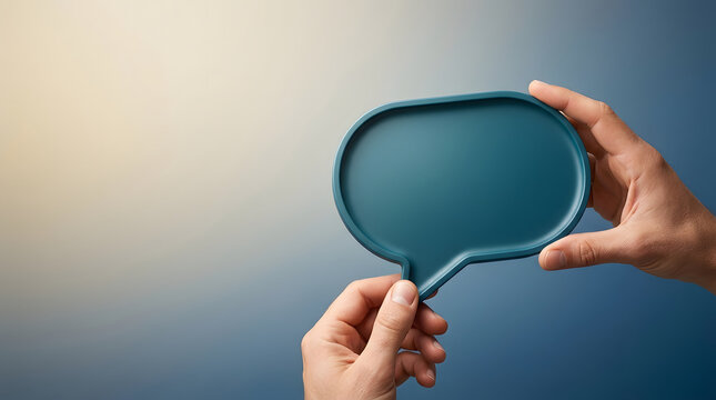 Blank speech bubble icon, hands holding 3d chat message symbol, mockup with copy space for announcement, blue gradient studio background, for social media marketing advertising brand business.