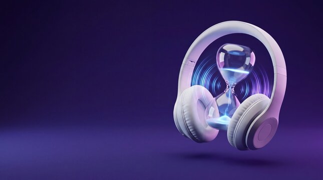 Promotion audiobook headphones with hourglass element and clear space for advertisement