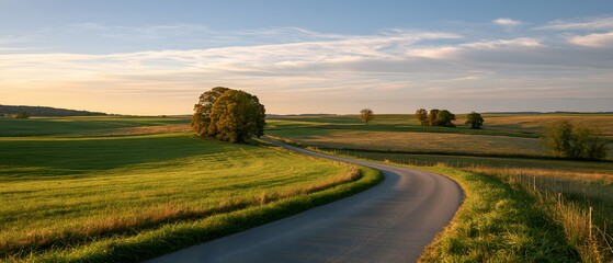 Obraz premium Winding country road through green fields at sunset with trees and soft clouds in the sky