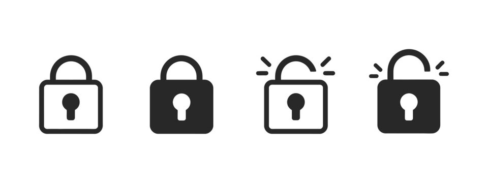 Lock and unlock icon set, closed and open padlock symbols representing security, access control, password protection, authentication, privacy, and user interfaces.