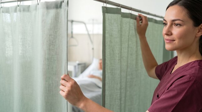 A nurse adjusts a privacy curtain in a hospital room, with a patient visible in the background.